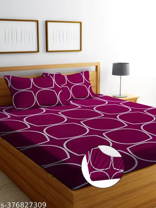 Super Soft Glace Cotton All Round Elastic Fitted Double Bed Bedsheet with 2 Pillow Covers-72x78x8