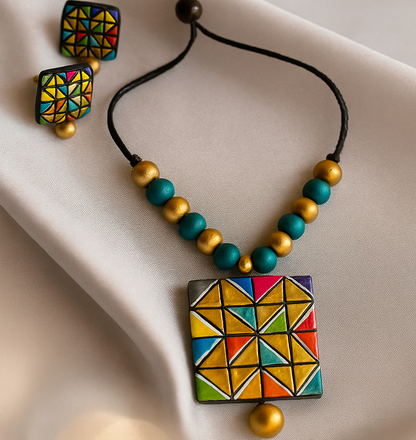 Terracotta Jewelry Necklace Set for Women – Handcrafted Clay Necklace with Earrings