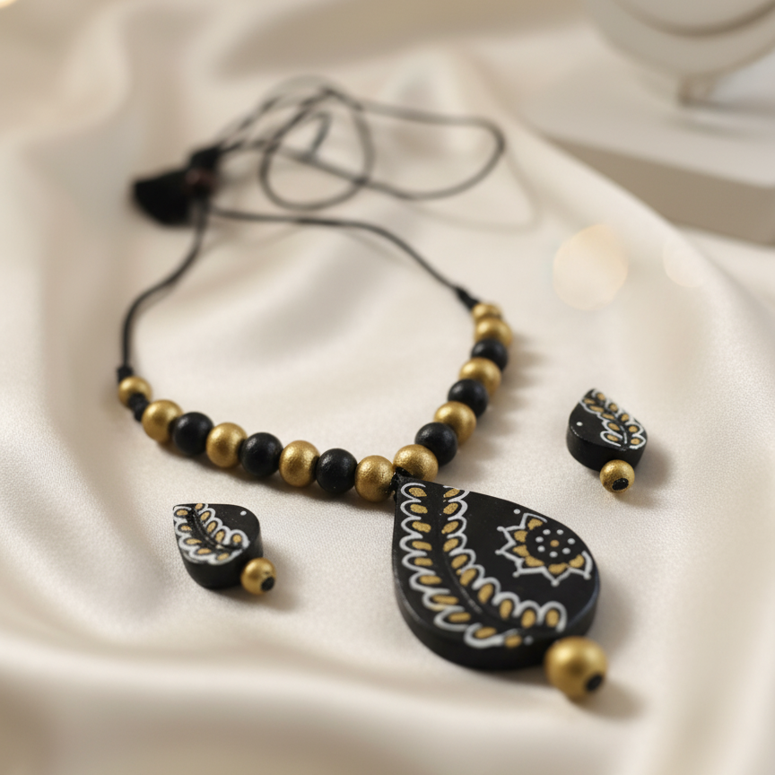 Terracotta Jewelry Necklace Set for Women – Handcrafted Clay Necklace with Earrings